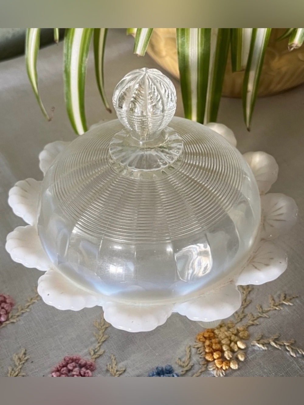 Vintage Opalescent Mosser Klondike Covered Candy Dish Footed